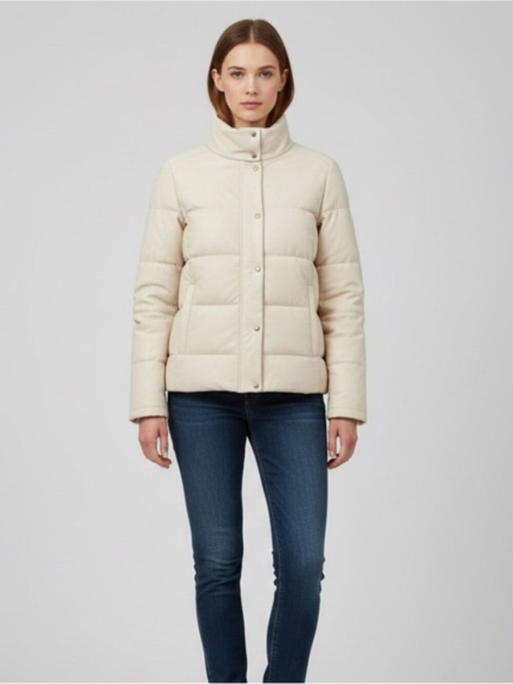 DANIER White Leather Goose Down Quilted Puffer Coat Jacket, Size S